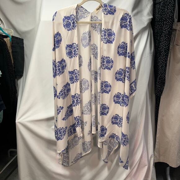 Haptics by Holly Harper Womens 2x Blue‎ White Floral Kimono Rayon Coastal - Picture 2 of 13